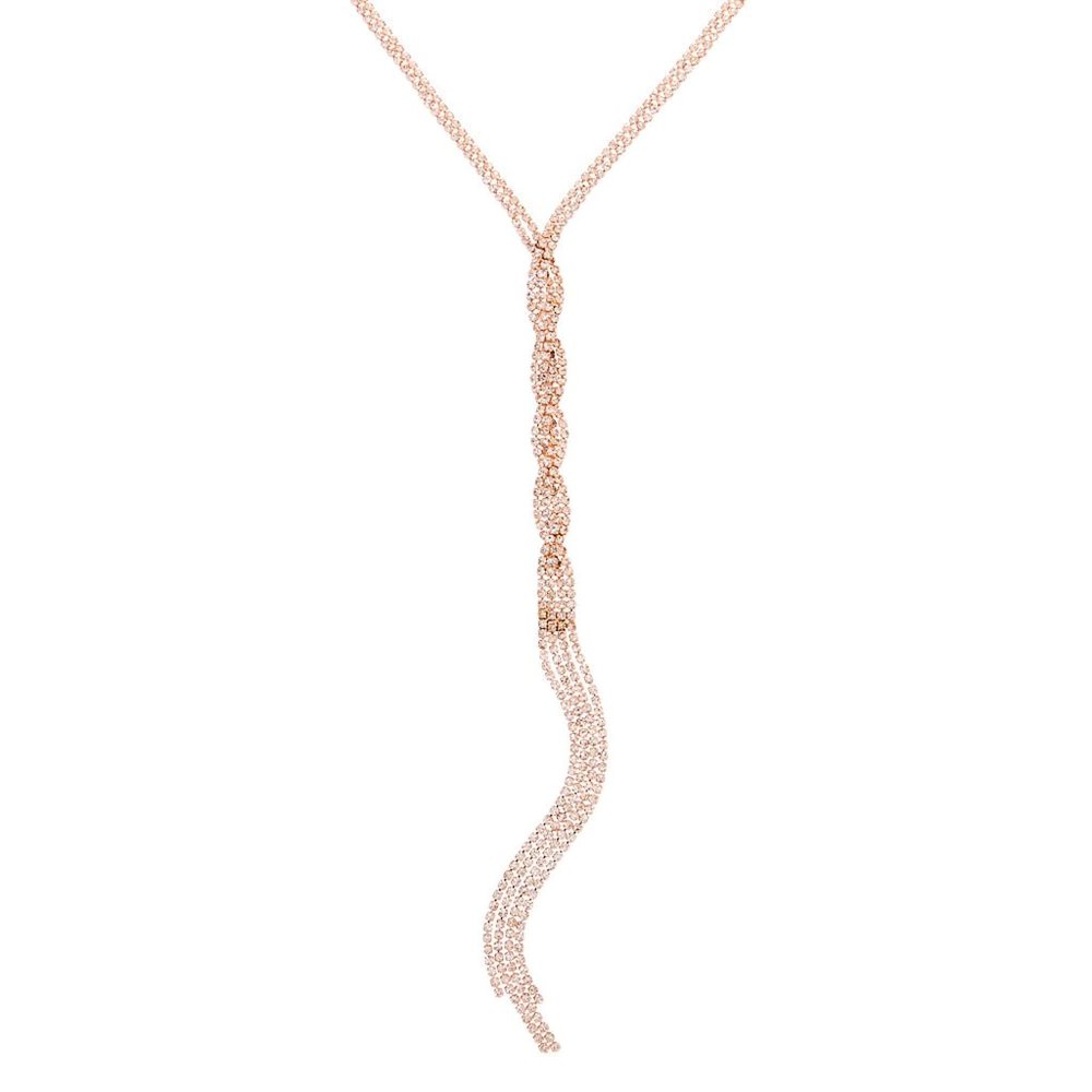 NEW ROSE GOLD RHINESTONE BRAIDED TWIST Y-NECK PENDANT LONG NECKLACE - Picture 1 of 3